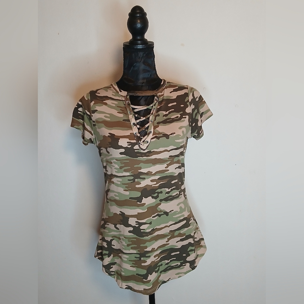 Green and Brown Fitted Cut Out T-Shirt Blouse